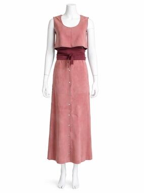 Bonnie Cashin Crop Top, Maxi Skirt + Obi Belt 3pc Set Pink Suede 1970s